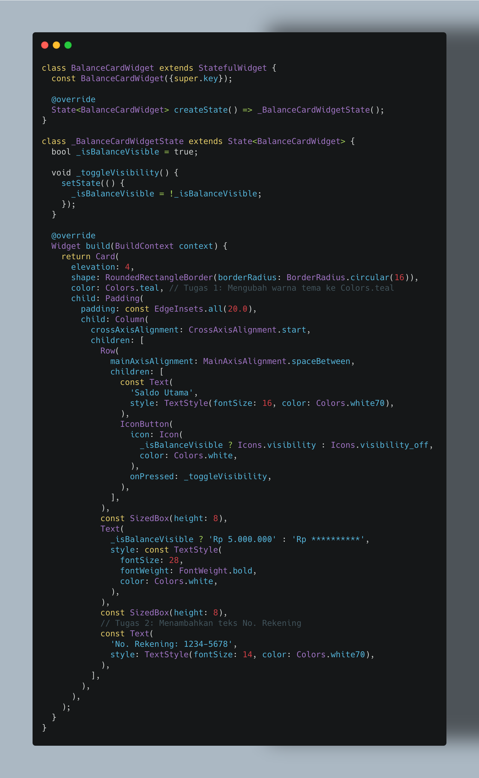 Kode Program Terintegrasi main.dart (Tugas Modul 1)