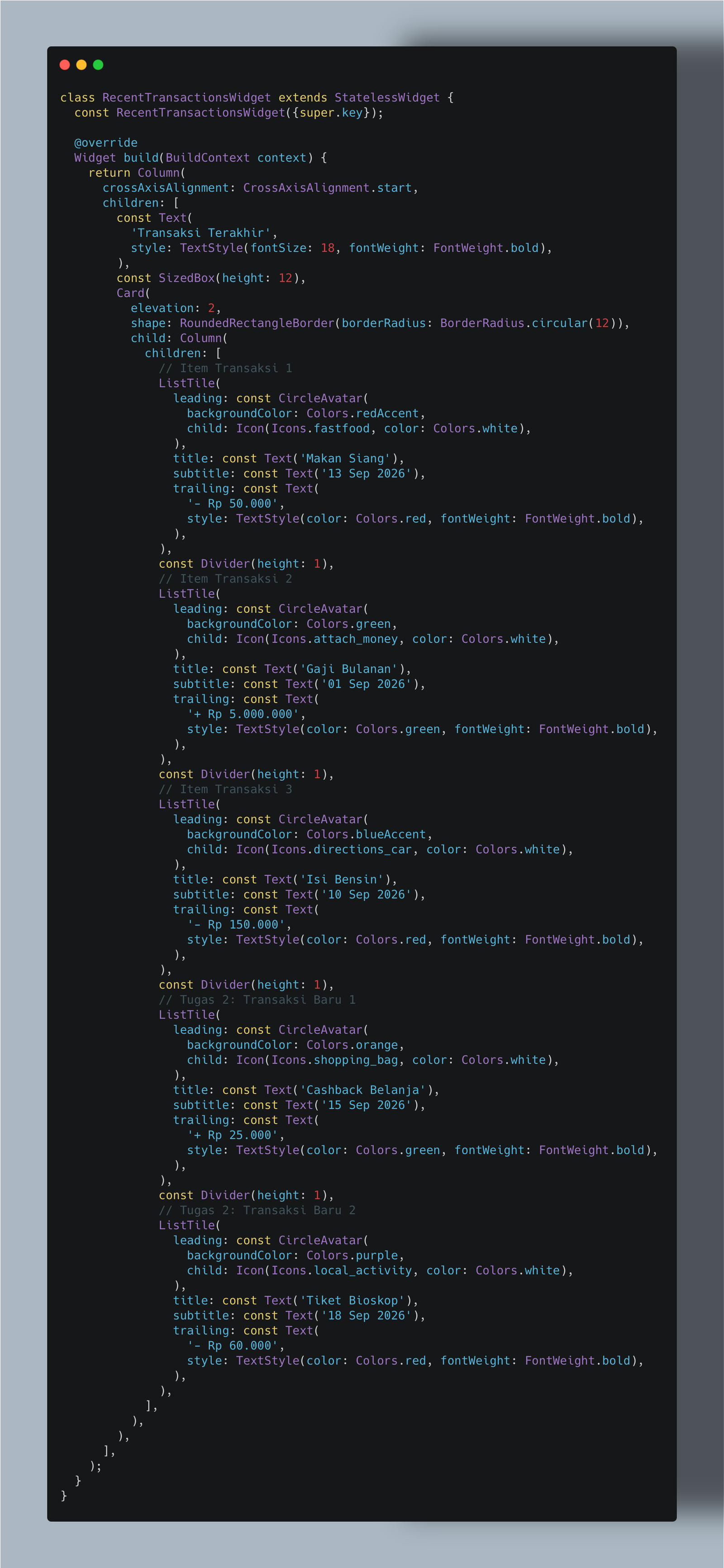 Kode Program RecentTransactionsWidget (Tugas Modul 2)